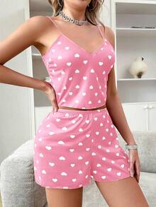 2pcs/Set Women's Christmas Pajamas Red Summer Cute Pajama Top Sexy Camisole Shorts Full Print Heart Pattern Homewear Sleepwear Set Back To School - Baby Pink - View 5