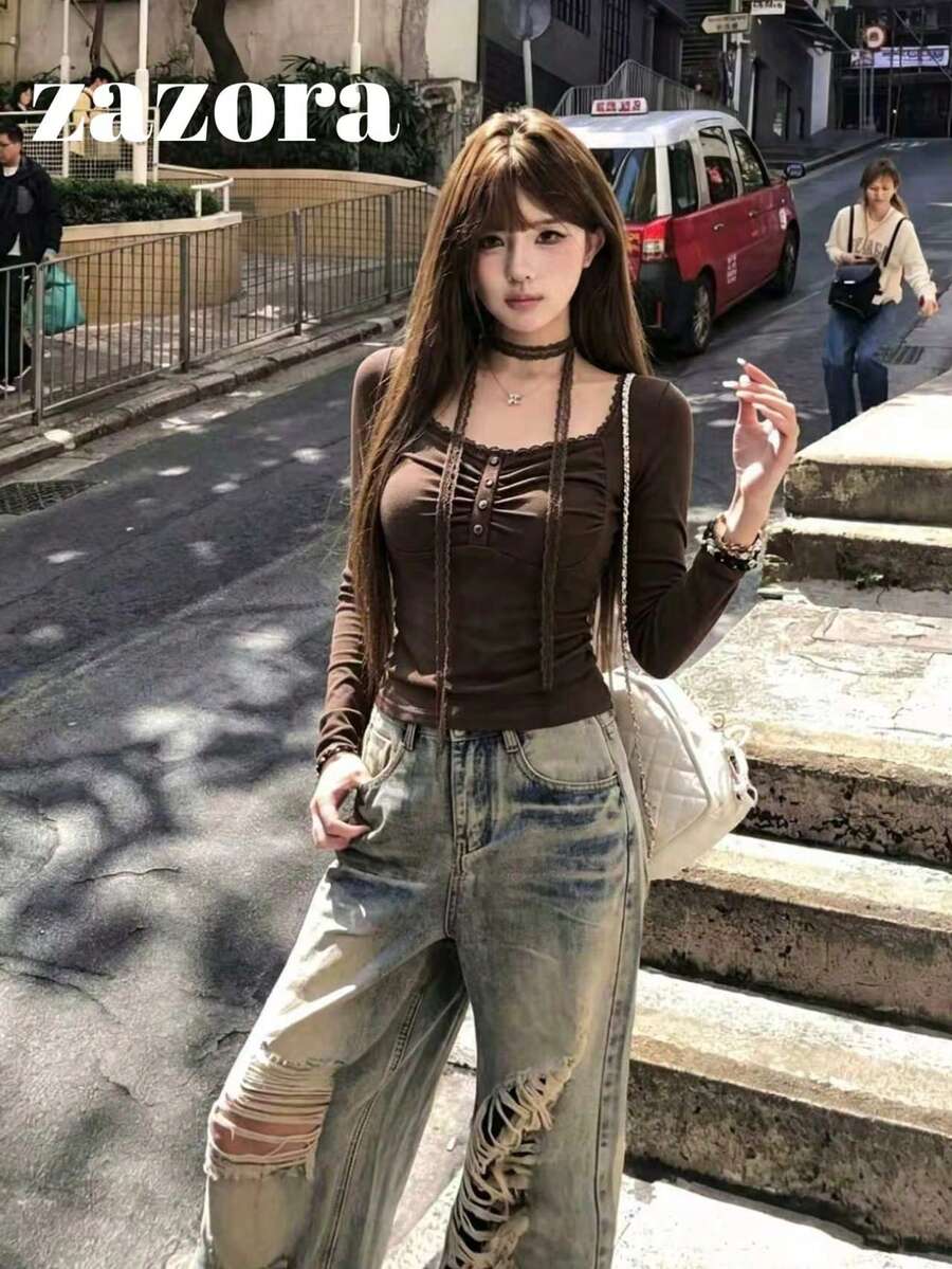 韓式簡約性感修身百搭蕾絲長袖T恤女款休閒內搭上衣 - 棕色 - 查看 1