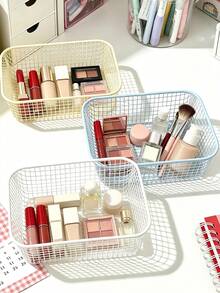 1pc Wire Mesh Storage Basket, Minimalist Style Metal Rectangular Shape, Open Hollow‑Out Frame Detail, Breathable Large Capacity Desktop Organizer Tray, For Office Desk Bedroom Vanity Daily All‑Season Use - Multicolor - View 1