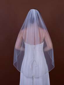 1pc Handmade Crystal Beaded Edge Bridal Veil With Hair Comb, Suitable For Wedding, Party, Photography, Cathedral - Straight White - View 15