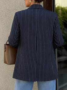 RNU Blazer Wanita Bergaris Biru Tua dengan Lapisan Dalam, Bahu Berbantalan & Saku, Jaket Komuter Serbaguna, Gaya Musim Gugur/Dingin Terbaru untuk Pesta & Pakaian Sehari-hari - Navy Blue - View 10