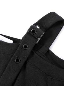 Design-Focused Ruched Waist Letter Print Asymmetric Neckline Knit T-Shirt, Unique Elegant Casual Travel Vacation - Black - View 3