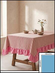 1pc White Base Red Striped Pink Ruffle Edge Tablecloth, Fresh Natural Style Fabric Rectangular Pink Ruffle Edge Patchwork Detail Decorative Functional Dining Tablecloth Suitable For Daily Home Dining And Fresh Home Decor Scenes - Red - View 16
