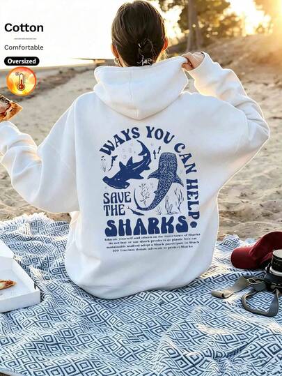 2026 Autumn/Winter Women's Loose White Hoodie With Blue Shark Graphic And Letter Print, Casual Vacation Style