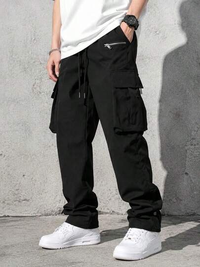 Men's Wide-Leg Cargo Pants With Multiple Pockets, Urban Streetwear Casual Pants