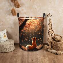 1PC Autumn Scenery Fox Under Tree Falling Leaves Print Round Laundry Basket Large Capacity Storage Hamper With Handles For Bedroom Dorm Home Organization - Multicolor - View 4