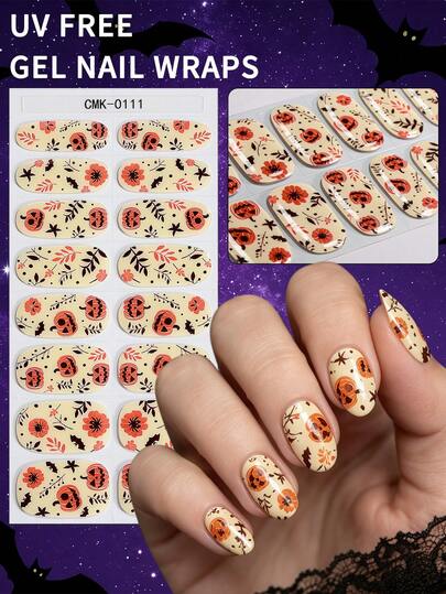 16pcs Luminous Pumpkin UV Free Gel Nail Wraps, Floral Leaf & Bat Glow In The Dark Halloween Gel Nail Strips, Easy Apply Nail Stickers For Women's Autumn Halloween Outfits, Parties And Cosplay