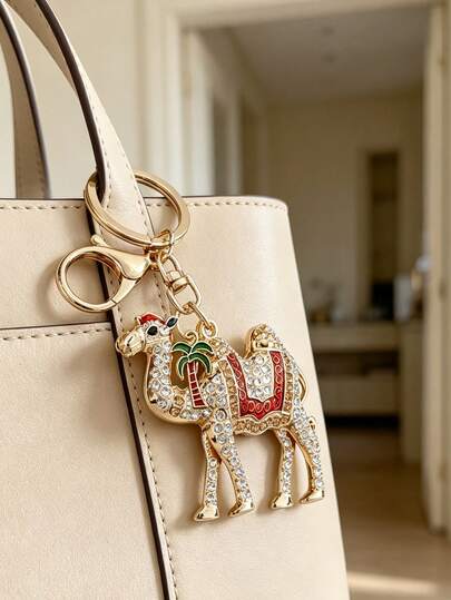 Rhinestones Keychain Pendant Camel Shape Pendant Bag With Coconut Tree Charm,Accessories Fashion Key Holder Camel Shape Ornament,Ideal Holiday Gift