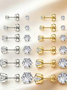 Conjunto de Brincos de Aço Inoxidável, Conjunto de Brincos Hipoalergênicos Banhados a Prata e Ouro 14K, Brincos de Aço Inoxidável com Zircônia Cúbica à Prova d'Água e Resistentes ao Desbotamento para Mulheres - Conjunto de brincos - Visão 2