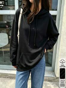 Oversized Black Hoodie With Pockets,Fall Winter Casual Top For Going‑Out Sports Fitness Festive Loungewear&Brunch,Rhinestone Lip Print - Black - View 3