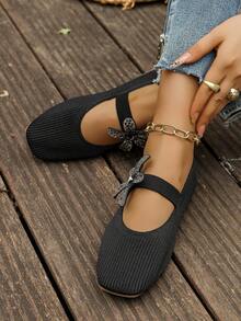 Elegant Rhinestone Floral Decor Flat Shoes, Knitted Fabric Square Toe Low-Top Commuter Women's Shoes - Black - View 1