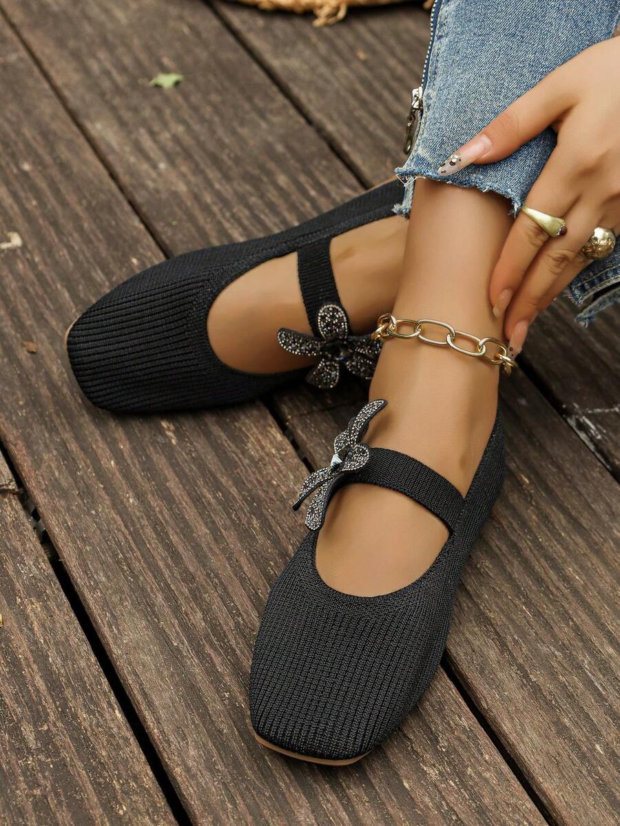 Elegant Rhinestone Floral Decor Flat Shoes, Knitted Fabric Square Toe Low-Top Commuter Women's Shoes - Black - View 1