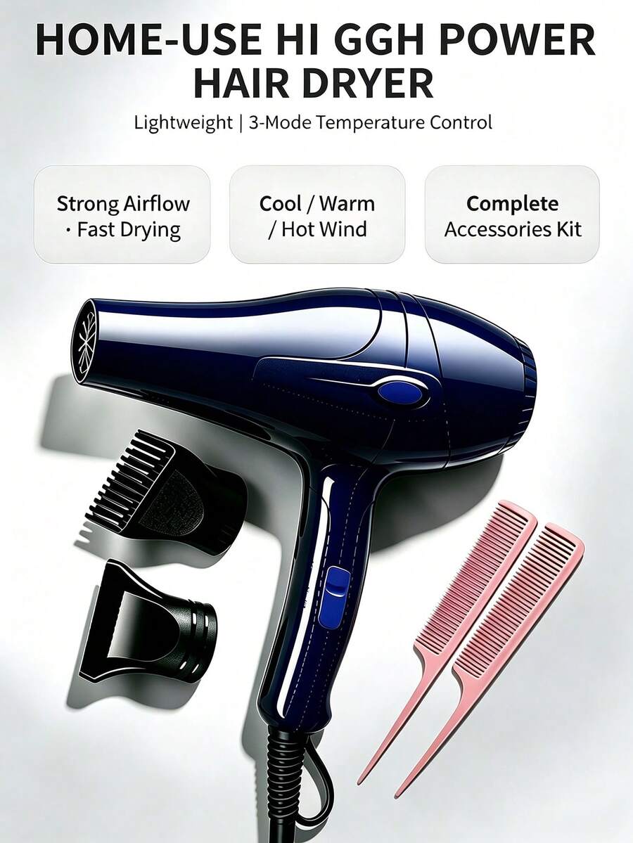 1pc Nylon Shockproof Housing Hair Dryer With High Airflow, One-Key Control, High Power, Includes Styling Brush & Concentrator Nozzle, Random Color, UK Plug - View 1