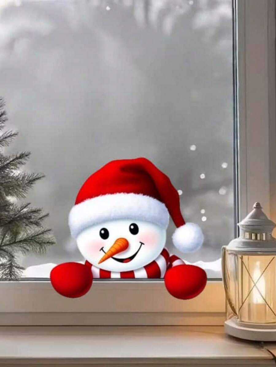 New Funny Christmas Snowman Peeking Wall Sticker, Double-Sided Printing, Holiday Atmosphere Door And Refrigerator Decoration Car Decor Sticker, Self-Adhesive Removable - A - View 1