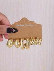 3-9 Pairs Water Drop Flower Multi-Layered Earrings Set, Versatile Daily Wear Floral Stud Earrings - Gold - View 3