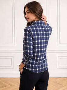 SwallowLucky Plus Size Plaid Shirt With Houndstooth Pattern, Front Button-Down, Pocket, Button-Up, Plaid Buttons, College Style, Casual Wear - Blue - View 3