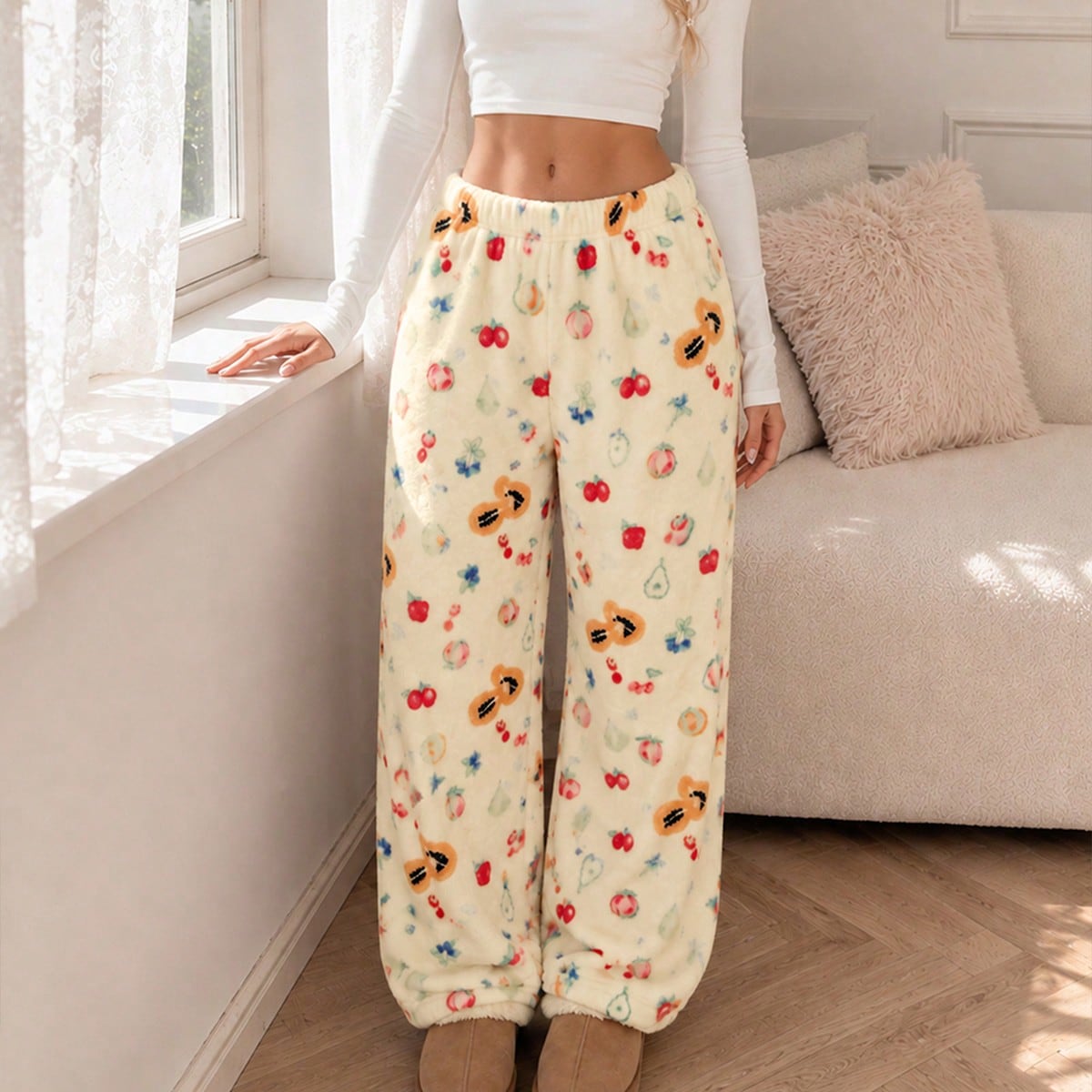 Women's Sweet Colorful Fruit Print Coral Fleece Pajama Pants, Loose Straight Leg Lounge Pants For Autumn/Winter, Soft Flannel Fabric Skin-Friendly And Warm, All-Over Papaya Strawberry Cherry Pattern Youthful And Age-Reducing, Elastic Waistband No Belly Pr
