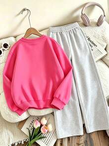 2pcs/Set Girls' Crew Neck Sweatshirt And Wide Leg Pants Outfit, Bow & Kitten Print Crew Neck Sweatshirt + Wide Leg Pants Matching Set, Suitable For Autumn/Winter Daily Wear - Multicolor - View 3