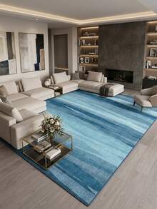 1PC Watercolor Gradient Blue Vertical Stripe Area Rug, Modern Art Style Faux Cashmere Rectangular Asymmetrical Brushstroke Texture Machine Washable Mat, Suitable For Living Room Bedroom Study Home Decor - Multicolor - View 1