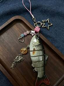 1pc Y2K Fish Pendant Beaded Keychain, Star & Heart Metal Charm, Handbag Accessory Fashion Gift, Fishing Enthusiast Ornament - Multicolor - View 5