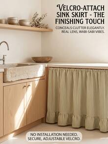 1/2pcs Green Striped Farmhouse Style Ruffle Trim Cabinet Curtains, Brown Striped Pleated Short Curtains For Bathroom, Kitchen Sink, Home, Classroom, Farmhouse, Country, Under Table Privacy, Laundry Room - Green - View 3