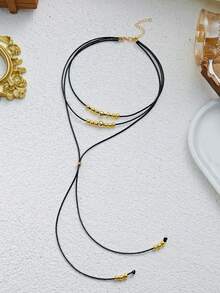1pc Vintage Y-Shaped Gold Bead Long 3-Layer Necklace - Multicolor - View 4