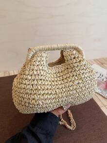 Dedoo Women's Dumpling-Shaped Woven Straw Crossbody Bag, Chain Shoulder Strap, Hand Carry Handle, Bohemian Style, Suitable For Summer Beach Vacation (Includes Gift Bag) - Beige - View 8
