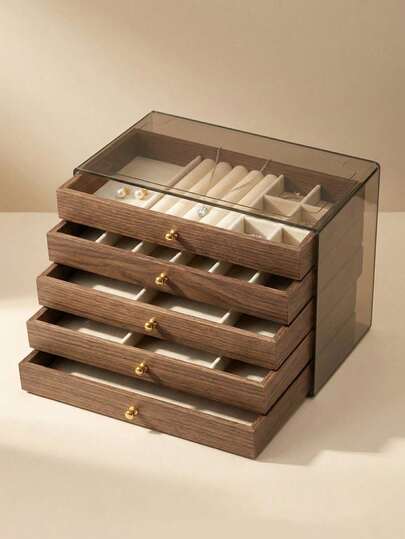 Joyero de madera de lujo con 3 y 5 cajones, tapa superior transparente de acrílico - Caja de almacenamiento de joyas de gran capacidad para guardar aretes, anillos, collares y pulseras -