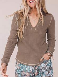 Acelitt Women's Ribbed Knit Long Sleeve V-Neck Top, Spring/Autumn Casual Regular Fit, Slightly Stretchy Fabric - Mocha Brown - View 1