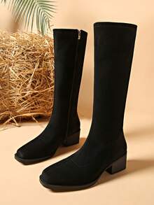 Women's New Autumn/Winter Fashion Knee-High Boots With Side Zipper, Soft Elastic Material, Leg-Flattering Western Style, Chunky Heel, Square Toe, Comfortable Classic Boots For Holiday Parties And Outdoor - Black - View 6