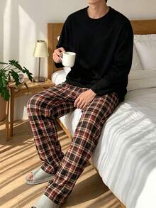 Men's Korean-Style INS Casual Basic Pajama Set, Crew Neck Long Sleeve T-Shirt Top And Plaid Faux Button Long Pants Bottom, 2-Piece Loungewear Set, Suitable For Spring, Autumn, Winter, Can Be Worn Out - Multicolor - View 4