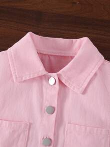 Baby Girl Casual Cute Minimalist Fashion Front Pocket Metal Button Open Front Small Collar Long Sleeve Pink Denim Jacket Top Autumn/Winter - Pink - View 4