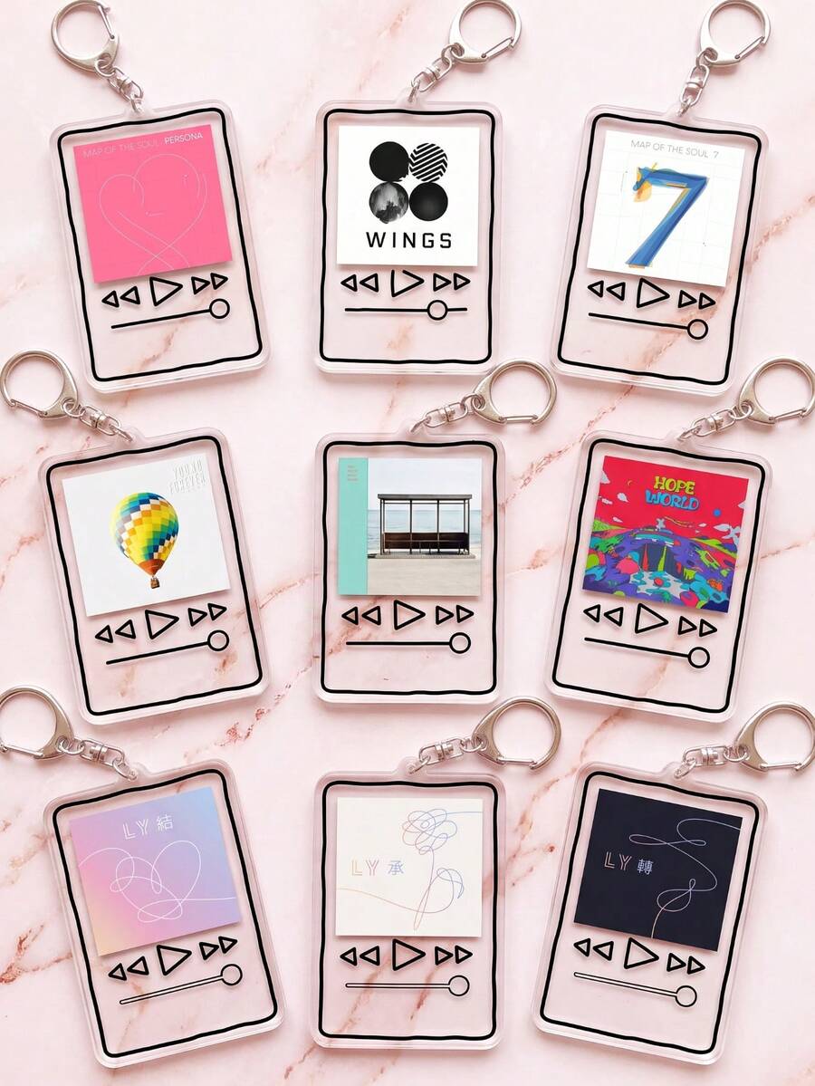 9pcs Classic Single Theme Acrylic Keychains, Classic Single Stamp Style Keychain Set, B-T-S, K-Pop Friendship Bag Charm, Tour Merchandise, Concert Essential, Tour Must-Have, Fan Support Item, Fan Freebies, Perfect Decoration For Concert Bag. Perfect Gift For ARMY Fans, Party Favor, Phone Charm. - 9pcs - View 1