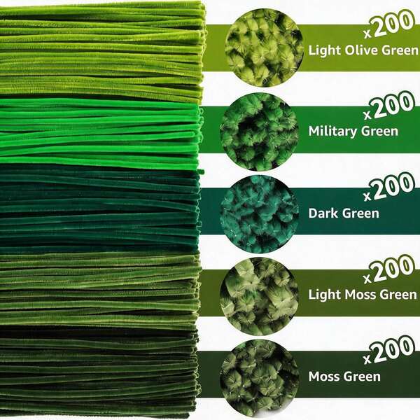 2 Sets(2000pcs/200pcs) Green Pipe Cleaner Set, Upgraded Densified Soft Fabric Plush Wire Handmade Floral Pipe Cleaners, Suitable For Beginner DIY Art