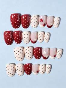 24pcs Short Oval Star Point Nail Stickers, French Acrylic Material, Perfect Fit - Burgundy - View 3
