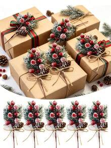 10pcs/5pcs/1pc Set Artificial Red Berry Branches With Pine Needles And Jute Rope Bows, Christmas Pine Branch Floral Decoration, Artificial Red Berry Wreath Decor, Christmas Tree Decorative Bouquet Garland Holiday Props,Halloween - Multicolor - View 1