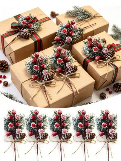 10pcs/5pcs/1pc Set Artificial Red Berry Branches With Pine Needles And Jute Rope Bows, Christmas Pine Branch Floral Decoration, Artificial Red Berry Wreath Decor, Christmas Tree Decorative Bouquet Garland Holiday Props