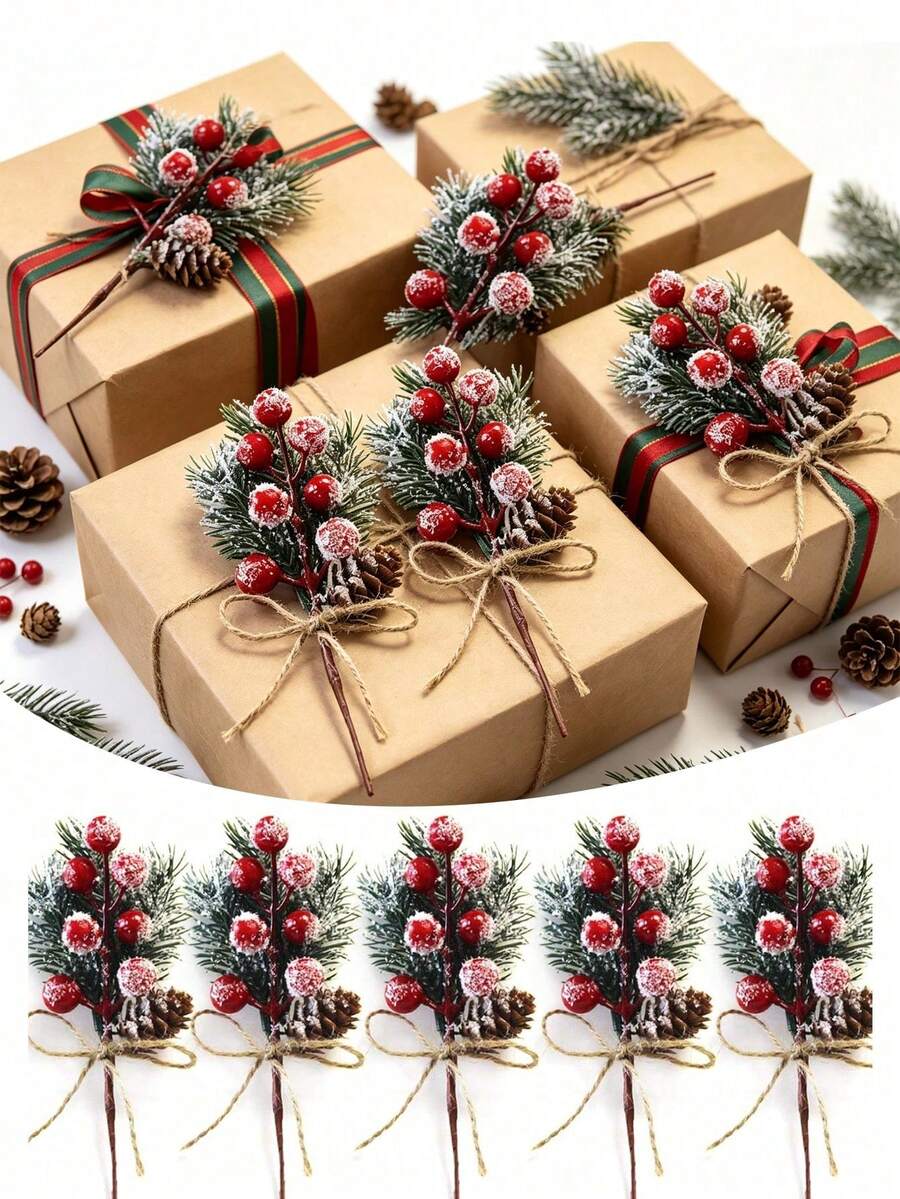 10pcs/5pcs/1pc Set Artificial Red Berry Branches With Pine Needles And Jute Rope Bows, Christmas Pine Branch Floral Decoration, Artificial Red Berry Wreath Decor, Christmas Tree Decorative Bouquet Garland Holiday Props,Halloween - Multicolor - View 1
