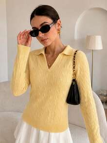 Sweater Pullover Wanita Kerah Polo Rajut Kabel Lengan Panjang Slim Fit Leher V Musim Gugur - Kuning - View 1