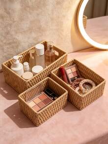 1/3pcs Handmade Woven Rattan Storage Tray Desktop Organizer, Suitable For Cosmetics, Keys, Jewelry, Stationery And Other Small Daily Items, Multi-Functional Stackable, Rustic Natural Woven Rattan Finish, Versatile Fashionable, Suitable For Home Living Room Bedroom Study Office Desktop - Camel - View 3
