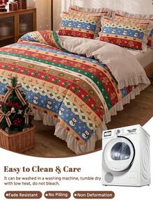 2/3件裝荷葉邊被套組，聖誕床寢，復古聖誕條紋印花床單套組，節日房間裝飾，親膚透氣，超柔軟抗起球，不含被芯，適用於單人/雙人/加大/特大床，四季通用，可機洗 - 彩色 - 查看 5