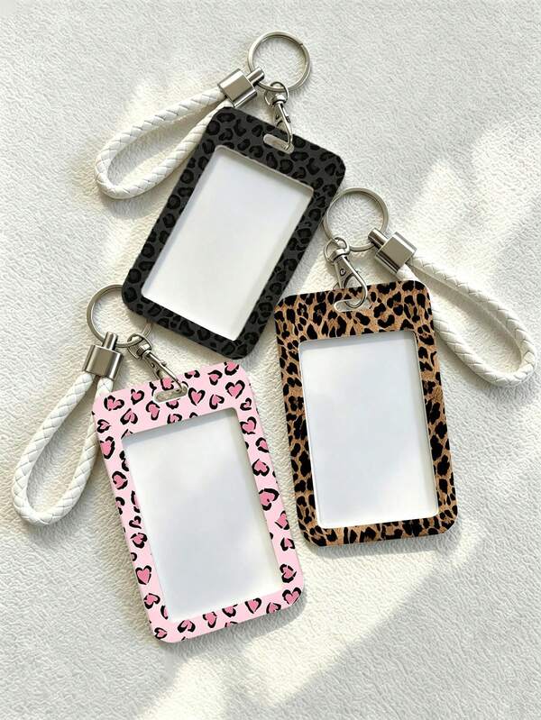 New Leopard Print Card Holder (With Keychain), Provides Fashionable Protection For Campus And Office ID Cards, Combines Bag Hanging, Keychain, Wallet And Bank/Credit Card Storage Functions, Equipped With Sliding Cover Design And Lanyard, Made Of Durable Plastic Material, Suitable For Student ID, Meal Card, Bus/Metro Card And Access Card, Sturdy And Durable, Effectively Protects Work ID Cards, Ideal Choice For Teacher's Day, Birthday, Halloween, Christmas And Back To School Season, Random Pattern Cut