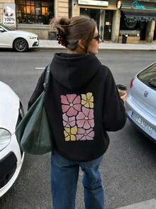 Oversized Women's Sweatshirt For Autumn/Winter, Long-Sleeve Hoodie With Pockets, Casual Top, Y2K Style, Daily Letter Graphic Print, Unisex Black - Black - View 2