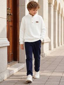 男童與青少年白色極簡舒適字母貼布高領長袖 Polo 衫，適合返校、日常穿著，秋冬款 - 白色 - 查看 4