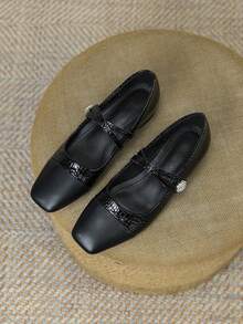 Women's Colorblock Handmade Low Heel Slip-On Shoes, Super Soft Leather Shoes With Chunky Heel, Comfortable All-Season Footwear - Black - View 14