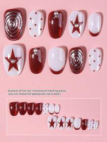 24pcs/Set Short Oval Red Cat Eye Crystal French Press-On Nails, With 3D Tie Dye Circles, Pearls And Stars Design, Full Coverage Acrylic Fake Nails, Includes 1pc Jelly Glue And 1pc Nail File, Suitable For Women And Girls Daily Work And Party Use - Multicolor - View 4