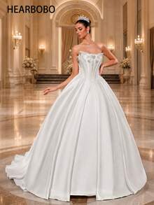 HEARBOBO Elegant White Wedding Dress, Sleeveless A-Line Long Gown With Exquisite Beaded Details, Creating A Fairy Tale Wedding Celebration Fall - White - View 2