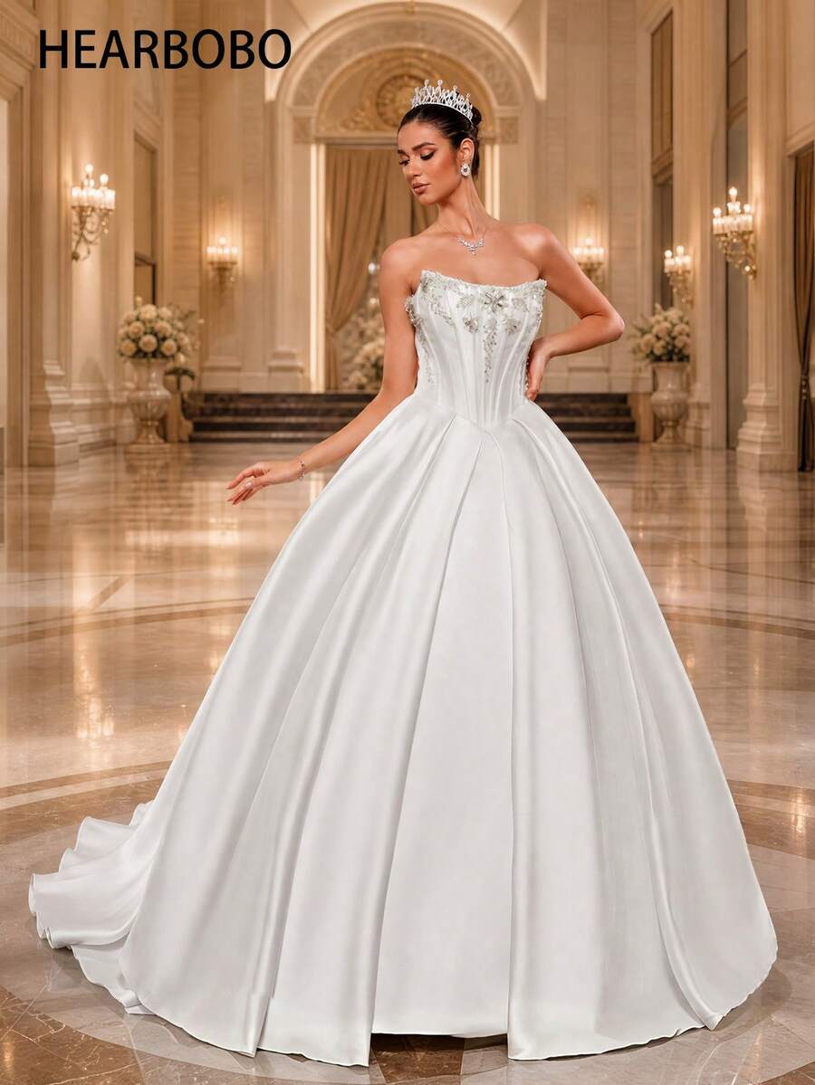 HEARBOBO Elegant White Wedding Dress, Sleeveless A-Line Long Gown With Exquisite Beaded Details, Creating A Fairy Tale Wedding Celebration Fall