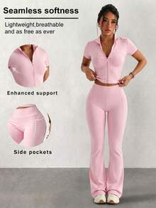 2pcs/Set Waist Cinching Short Sleeve Stand Collar Jacket + Skinny Flare Pants, Jacket With 3D Cinched Waist Design, Flare Pants Lift Buttocks & Slim Waist, Dual Pockets Practical, Suitable For Sports & Commute - Pink - View 1