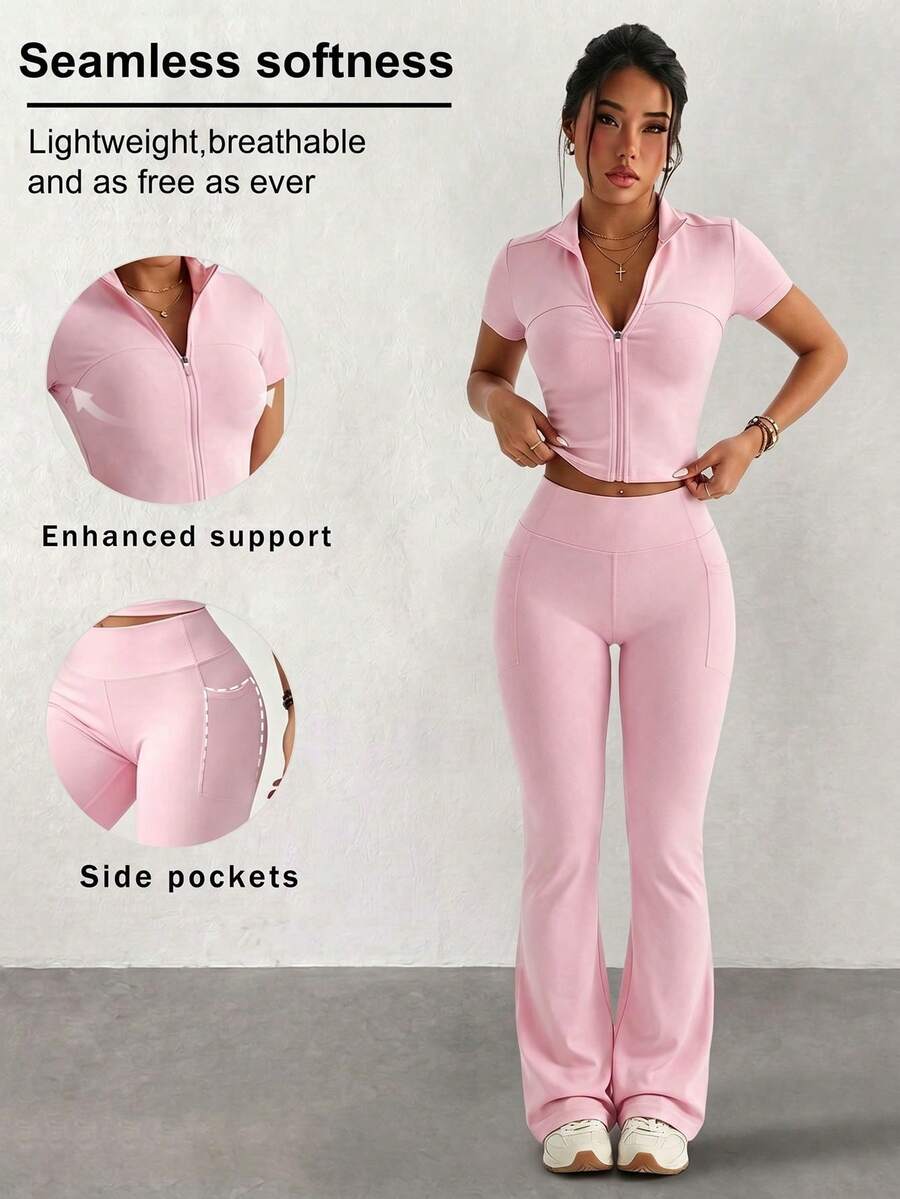 2pcs/Set Waist Cinching Short Sleeve Stand Collar Jacket + Skinny Flare Pants, Jacket With 3D Cinched Waist Design, Flare Pants Lift Buttocks & Slim Waist, Dual Pockets Practical, Suitable For Sports & Commute - Pink - View 1